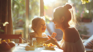 明るいダイニングで食事を楽しむ親子。新札幌での小児矯正と噛み合わせ、食事の関係を象徴する一枚。