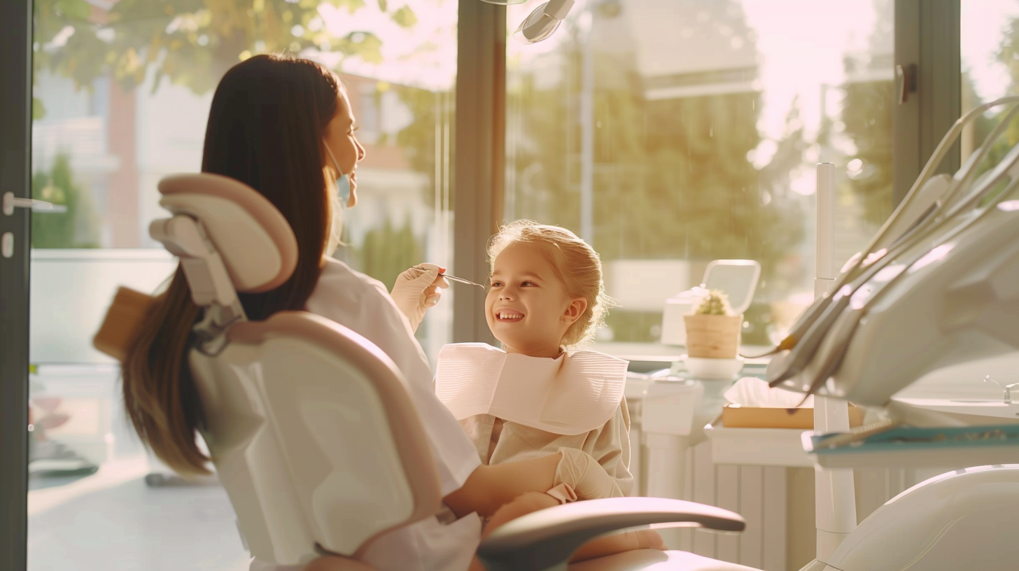 自然光が入る明るい歯科医院で、小児矯正について優しく相談に乗る歯科医師と安心した表情の親子
