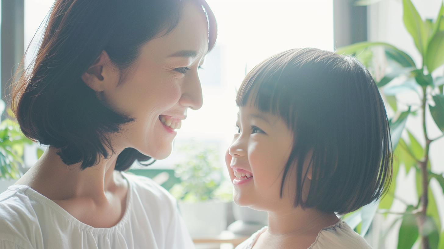 札幌市厚別区で小児矯正を検討する親子が、明るい歯科医院で安心して笑顔で話している様子。