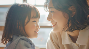 新札幌の明るい歯科医院で、小児矯正の相談を前に笑顔で向き合う親子と温かい自然光の風景