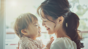 新札幌の歯科医院で小児矯正の相談をする、明るく清潔感のある雰囲気の中で微笑む親子と自然光の風景。