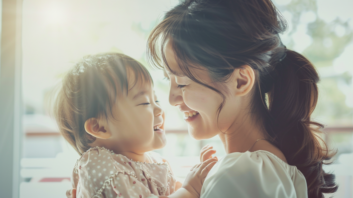 新札幌の歯科医院で小児矯正の相談をする、明るく清潔感のある雰囲気の中で微笑む親子と自然光の風景。