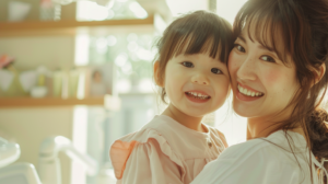 新札幌の明るい歯科医院で、小児矯正の相談を終えて笑顔で向き合う母親と子供の様子
