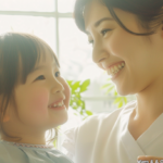 自然光が入る明るい部屋で、将来の安心を感じて笑顔で向き合う新札幌の小児矯正を検討中の親子。