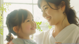 自然光が入る明るい部屋で、将来の安心を感じて笑顔で向き合う新札幌の小児矯正を検討中の親子。