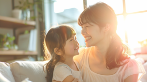 札幌市での小児矯正相談を前に、明るい光の中で笑顔で向き合う親子。安心感と信頼を表現したイメージ。