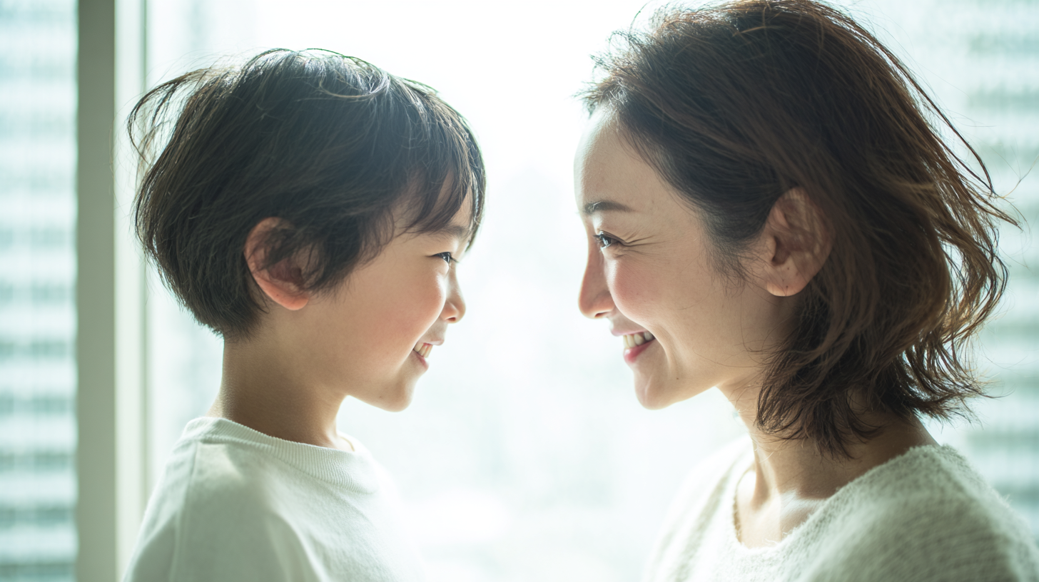 明るい歯科医院で優しく向き合う親子。新札幌での小児矯正を検討する際の安心感と信頼を表現した画像。