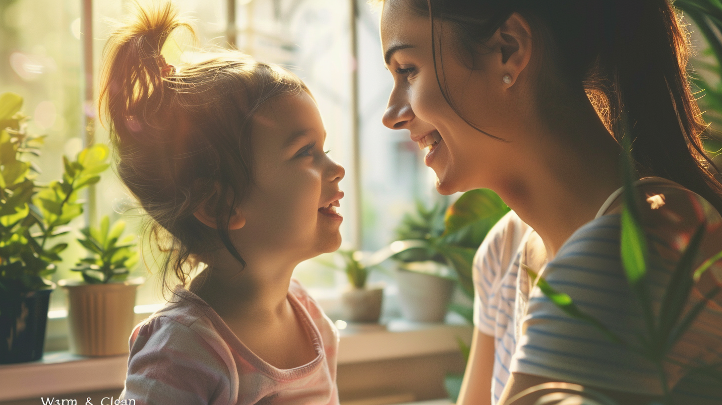 新札幌で小児矯正を検討する親子が、日当たりの良い明るい部屋で安心して微笑み合う様子。