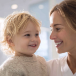 新札幌で小児矯正を検討する保護者と子供の笑顔。清潔感のある明るい歯科医院で相談する様子。