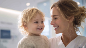 新札幌で小児矯正を検討する保護者と子供の笑顔。清潔感のある明るい歯科医院で相談する様子。
