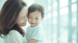 新札幌の明るい歯科医院で、小児矯正の相談を前に安心して笑顔で見つめ合う親子と温かい自然光の風景