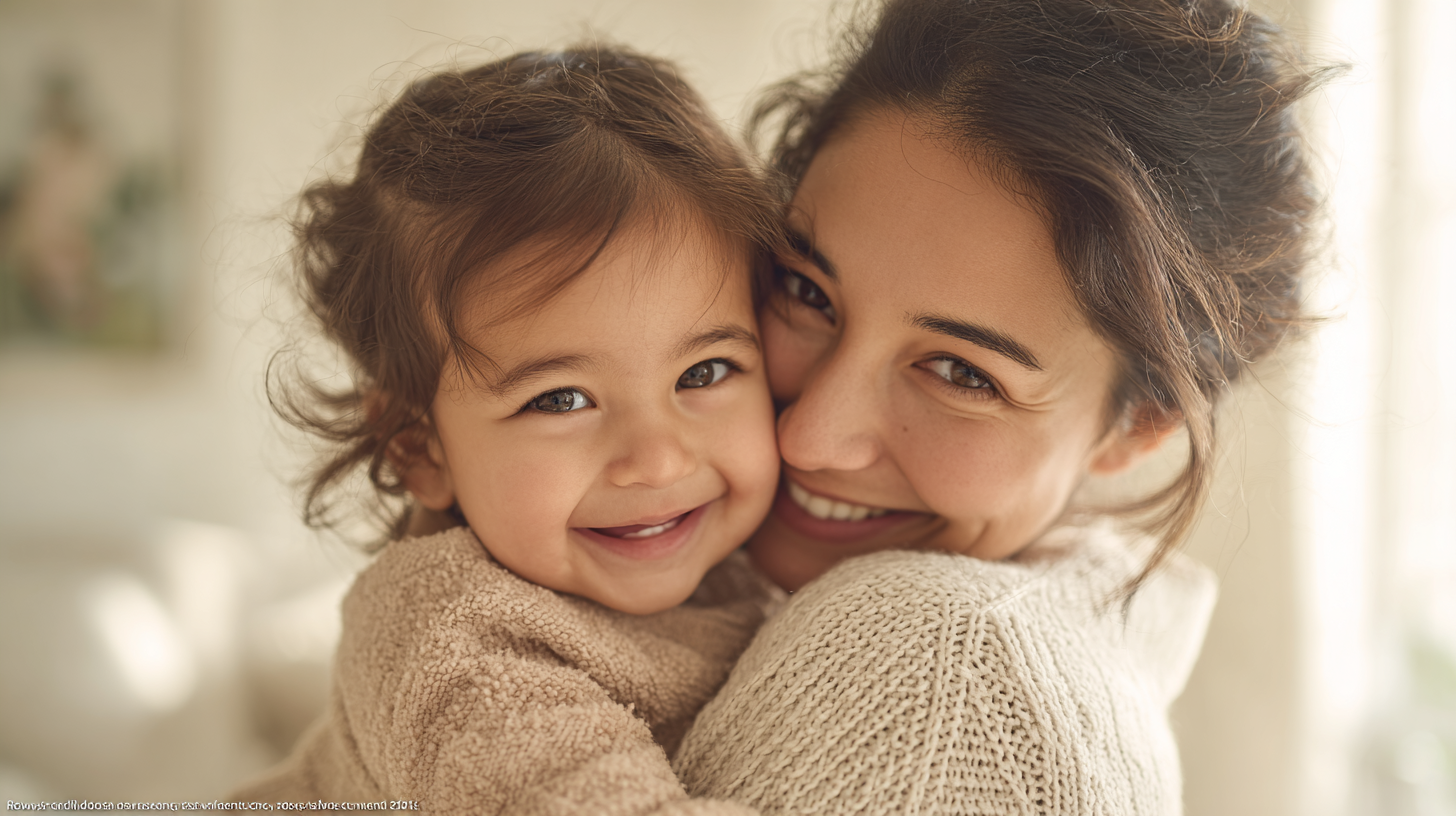 自然光が入る明るい部屋で、笑顔で向き合う親子。新札幌で小児矯正を検討する親御様へ安心感を伝える画像。