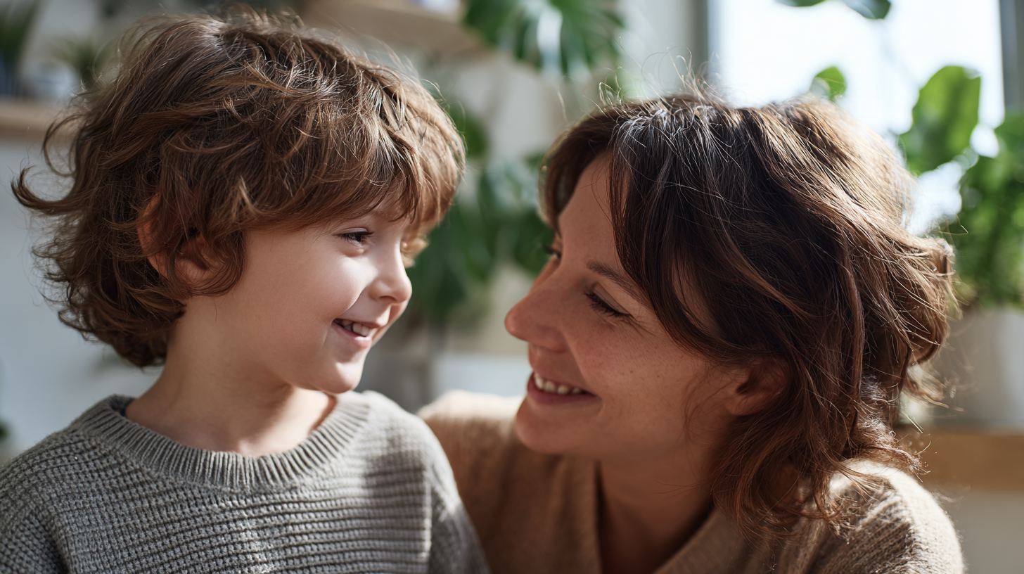 新札幌での小児矯正を検討する親子が、明るい光の中で安心して笑顔を見せている様子。
