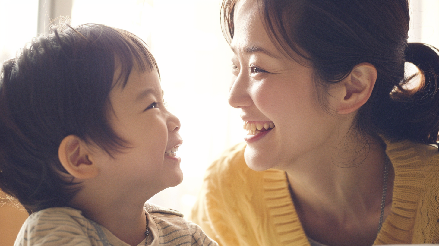 札幌・北広島で小児矯正を検討する親子が、柔らかな光の中で笑顔で向き合う安心感のあるイメージ画像