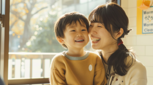 Smiling woman and young boy share a joyful moment by a sunlit window indoors.