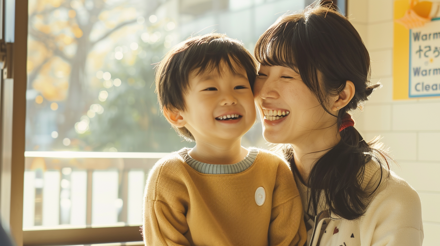 Smiling woman and young boy share a joyful moment by a sunlit window indoors.