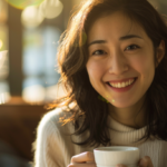 新札幌の明るい空間で、自分らしい笑顔を見せる大人の女性。成人のマウスピース矯正と安心感を表現。