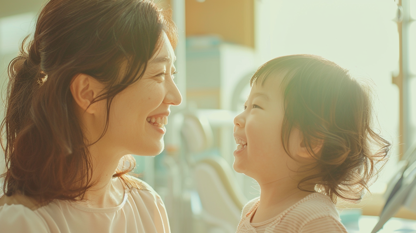 明るい日差しが差し込む空間で、笑顔で向き合う親子。新札幌での小児矯正を検討する際の安心感を表現。