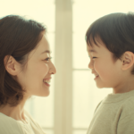 新札幌で小児矯正を検討する親子が笑顔で話す様子。明るく清潔感のある歯科医院のイメージ。