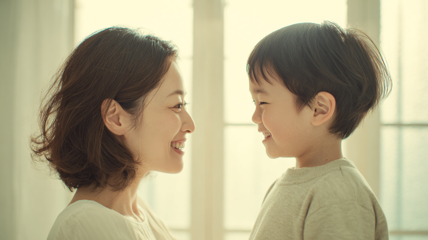 新札幌で小児矯正を検討する親子が笑顔で話す様子。明るく清潔感のある歯科医院のイメージ。