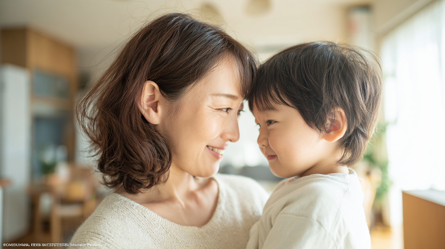 明るい日差しの中で微笑む親子。新札幌での小児矯正を検討する親御さんに寄り添う安心感のあるイメージ。