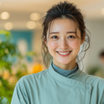 Smiling young woman in light blue medical scrubs in a bright, plant-filled clinic.