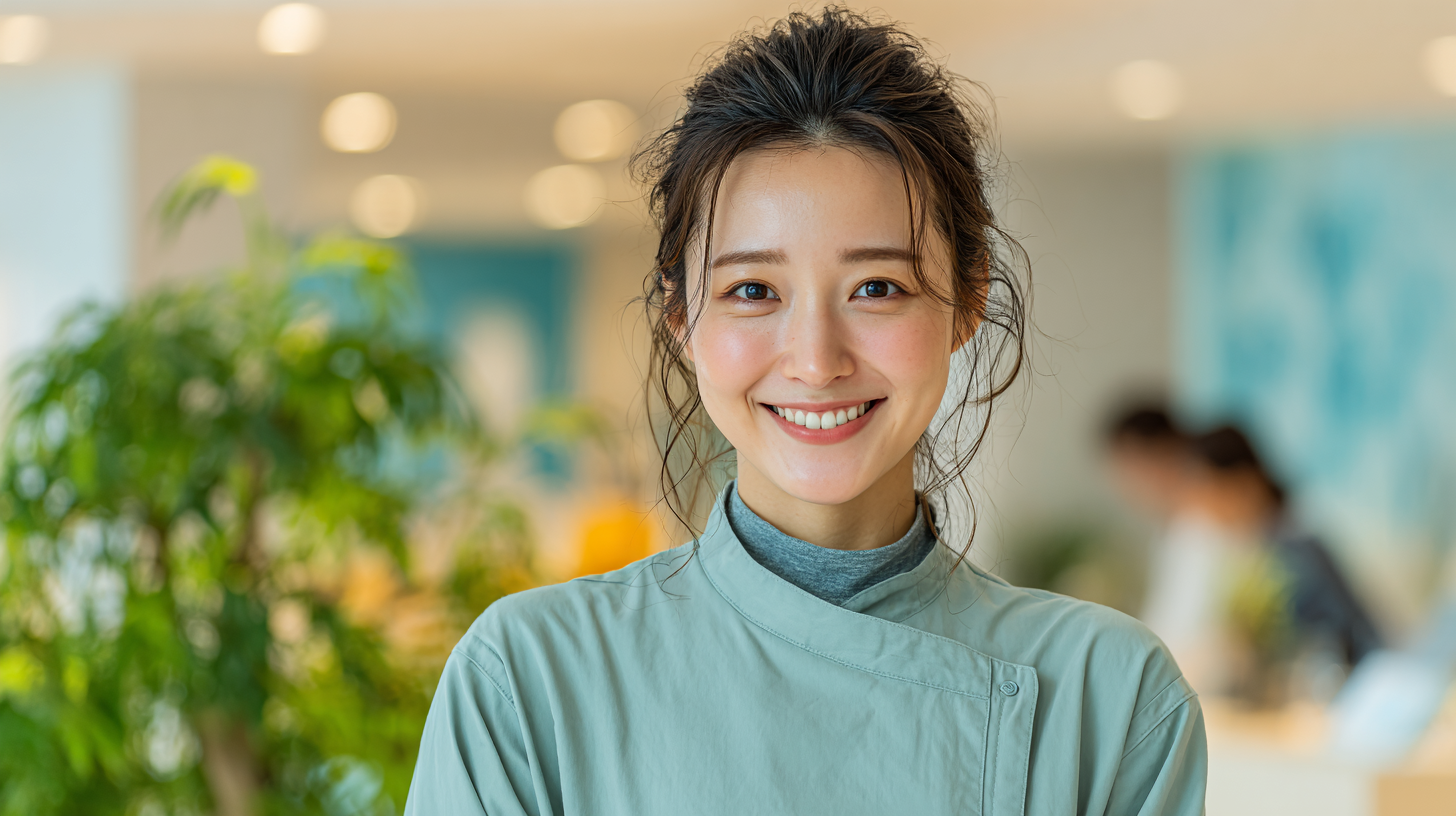 Smiling young woman in light blue medical scrubs in a bright, plant-filled clinic.