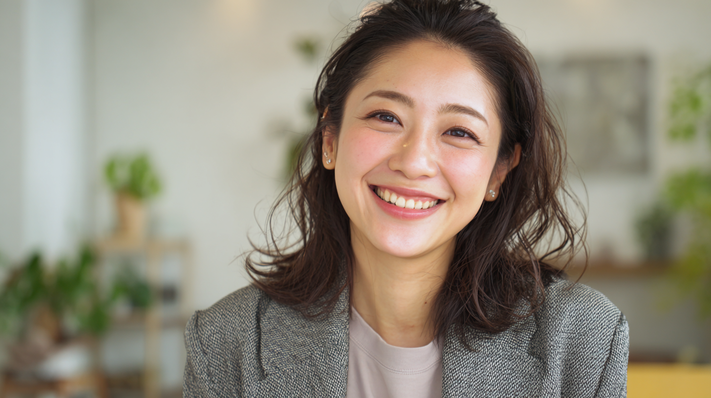 明るい自然光が入る部屋で、笑顔で自信を持って会話を楽しむ大人のマウスピース矯正を検討する世代の女性