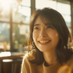 Smiling woman with dark hair in a sunlit cafe, warm golden hour light surrounding her