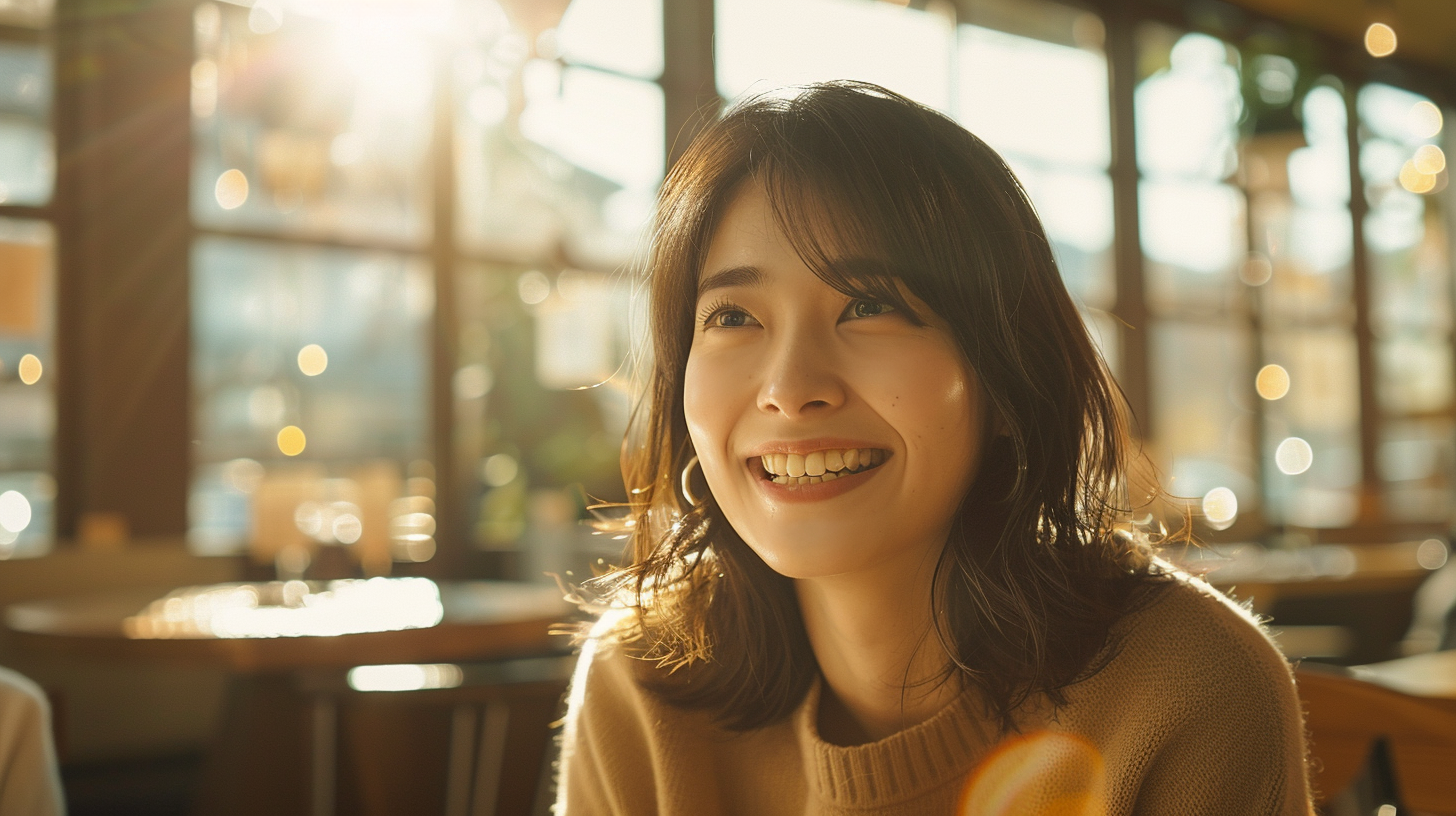 Smiling woman with dark hair in a sunlit cafe, warm golden hour light surrounding her