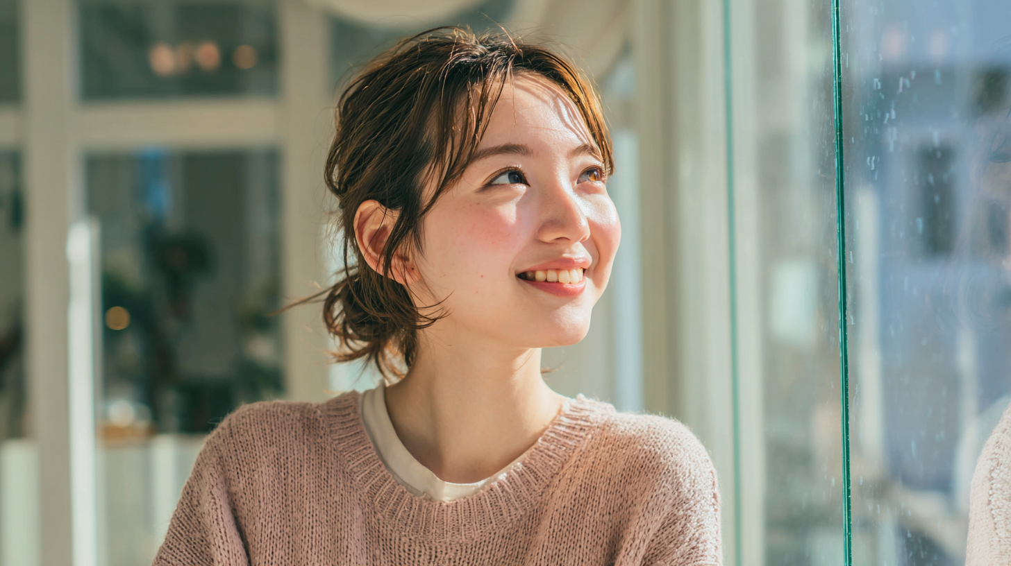 自然光が差し込む明るい空間で、リラックスして微笑む大人の女性。札幌でのマウスピース矯正相談のイメージ。