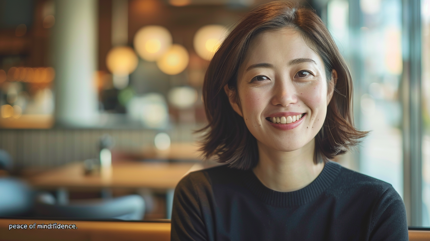 新札幌のカフェで自然な笑顔を見せる女性。ライフスタイルを崩さない大人のマウスピース矯正のイメージ。