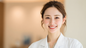 自然光が入る明るい歯科医院で、自分らしいきれいな歯並びの笑顔で自信を持つ日本の女性のイメージ画像