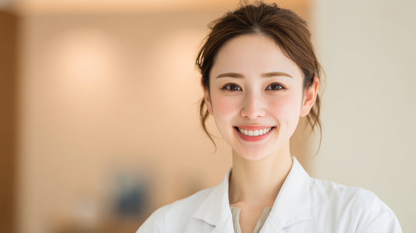 自然光が入る明るい歯科医院で、自分らしいきれいな歯並びの笑顔で自信を持つ日本の女性のイメージ画像