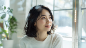 鏡の前で微笑む女性。新札幌・札幌でのライフスタイルに合わせた大人のマウスピース矯正をイメージ。