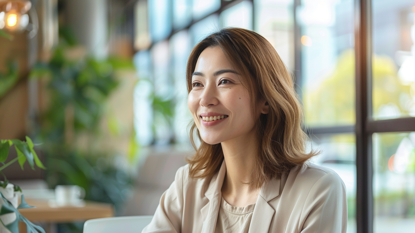 Smiling woman in a light blazer sits in a bright cafe with greenery in the background and large windows nearby.