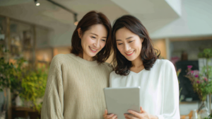 Two women smiles at a tablet, standing together in a bright indoor space like a cafe or shop.