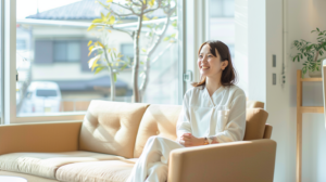 Smiling woman in a white uniform sitting on a beige sofa in a sunlit room with large windows and plants behind her.