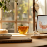 Desk scene with a tablet displaying a dental model, a clear aligner on a wooden stand, a mug, and a cup of tea on a sunlit table