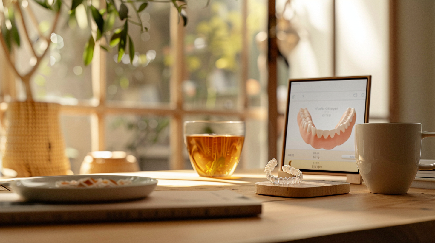 Desk scene with a tablet displaying a dental model, a clear aligner on a wooden stand, a mug, and a cup of tea on a sunlit table