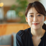 Smiling woman in a black blouse seated in a bright, cozy café with warm wooden furniture nearby.