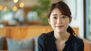 Smiling woman in a black blouse seated in a bright, cozy café with warm wooden furniture nearby.