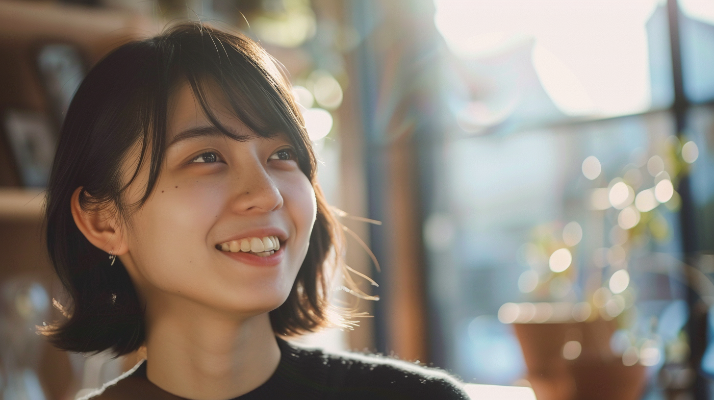 Portrait of a smiling young woman with short black hair, bathed in warm sunlight indoors, looking up slightly to the left.