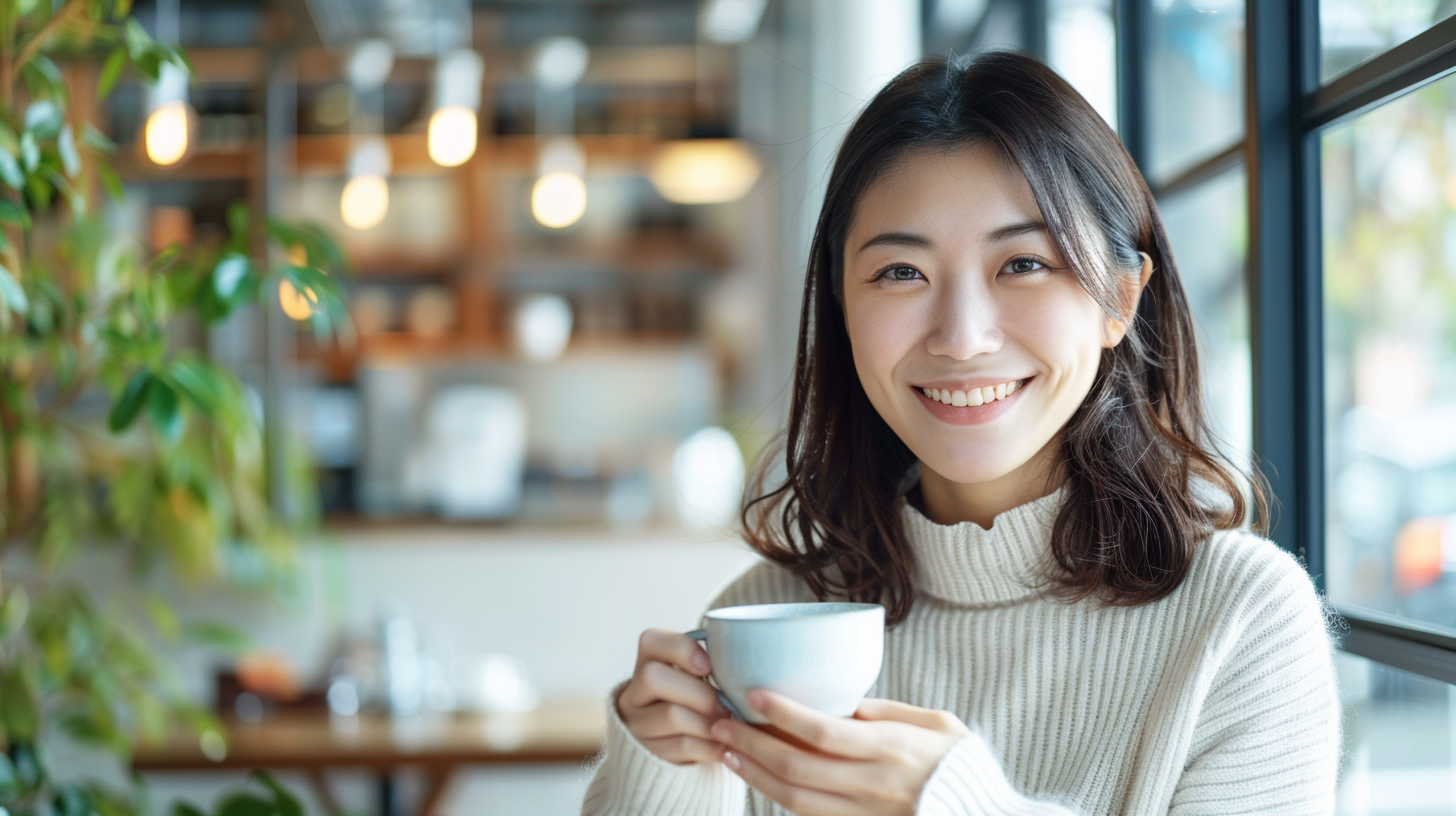 リラックスした表情の女性。新札幌や札幌での大人のマウスピース矯正の安心感を表現しています。