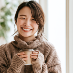 リラックスしてコーヒーを楽しむ女性の姿。新札幌での大人の矯正を日常に無理なく取り入れるイメージです。
