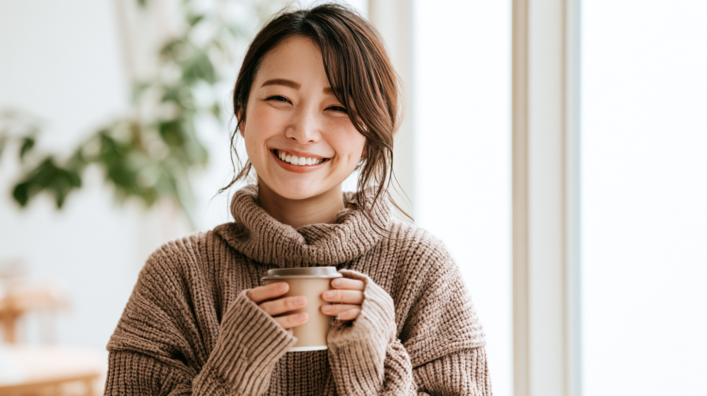 リラックスしてコーヒーを楽しむ女性の姿。新札幌での大人の矯正を日常に無理なく取り入れるイメージです。