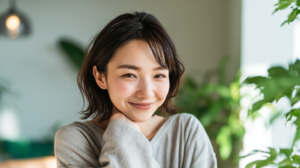 自然光が差し込む明るい部屋で、穏やかな笑顔を見せる30代女性のマウスピース矯正イメージ画像