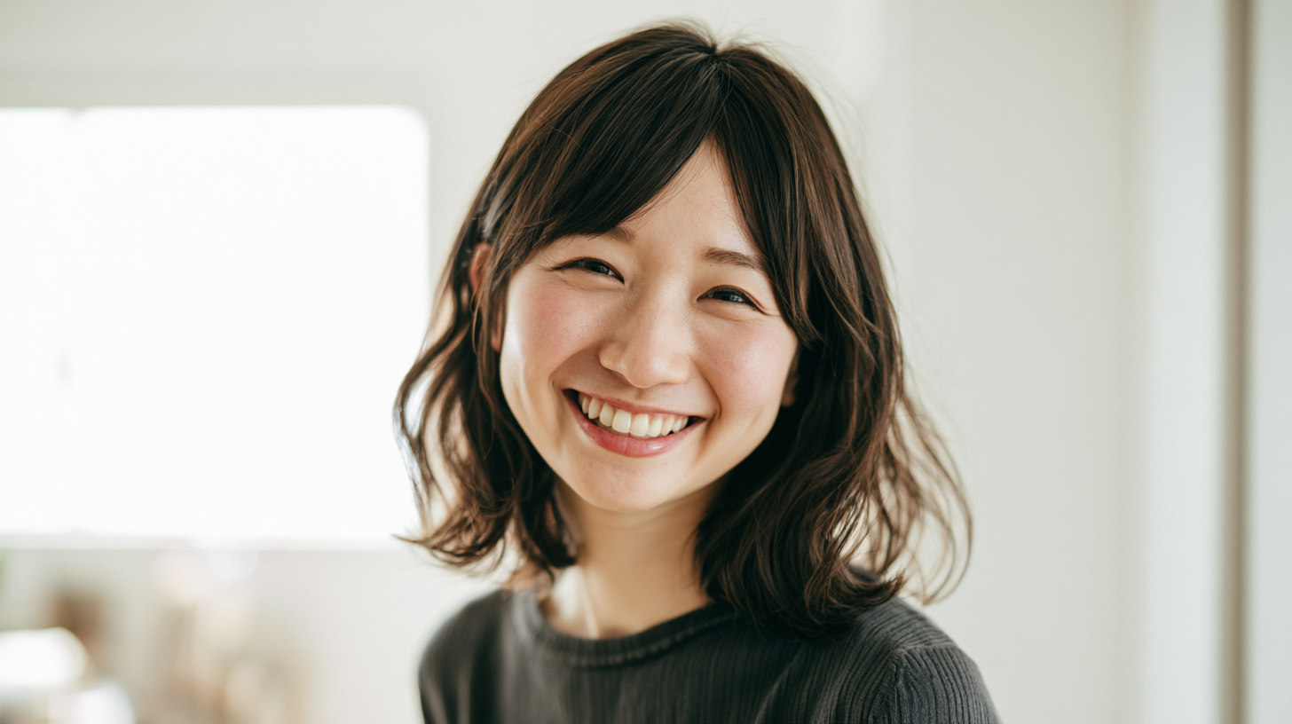 Young woman with shoulder-length dark hair smiles warmly indoors, wearing a dark knit sweater.