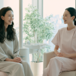 Two women sit and smile in a bright, modern clinic lounge: a patient in a light gray robe chats with a nurse in pale pink scrubs near a window.