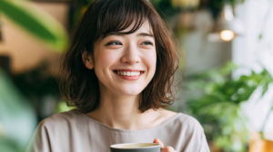Smiling woman holding a cup of coffee in a cozy, plant-filled café.